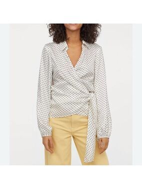 H&M Mini Polkadot Wrapover Silky Blouse w/ties Cream & Black Womens sz 2